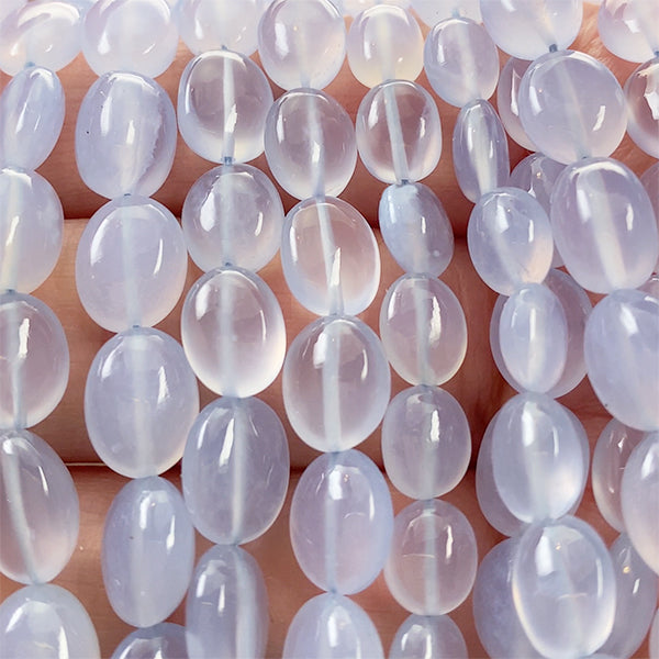 Blue Chalcedony (Flat Oval Plain) Size: Approx. 6-8.5 x 5-7mm Hole Diameter: Approx. 0.4-0.5mm