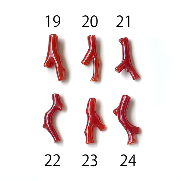 Blood red coral (branch) 19-36 Size: approx. 19.5-23 x 8-12 mm Hole diameter: approx. 0.8 mm 1 piece